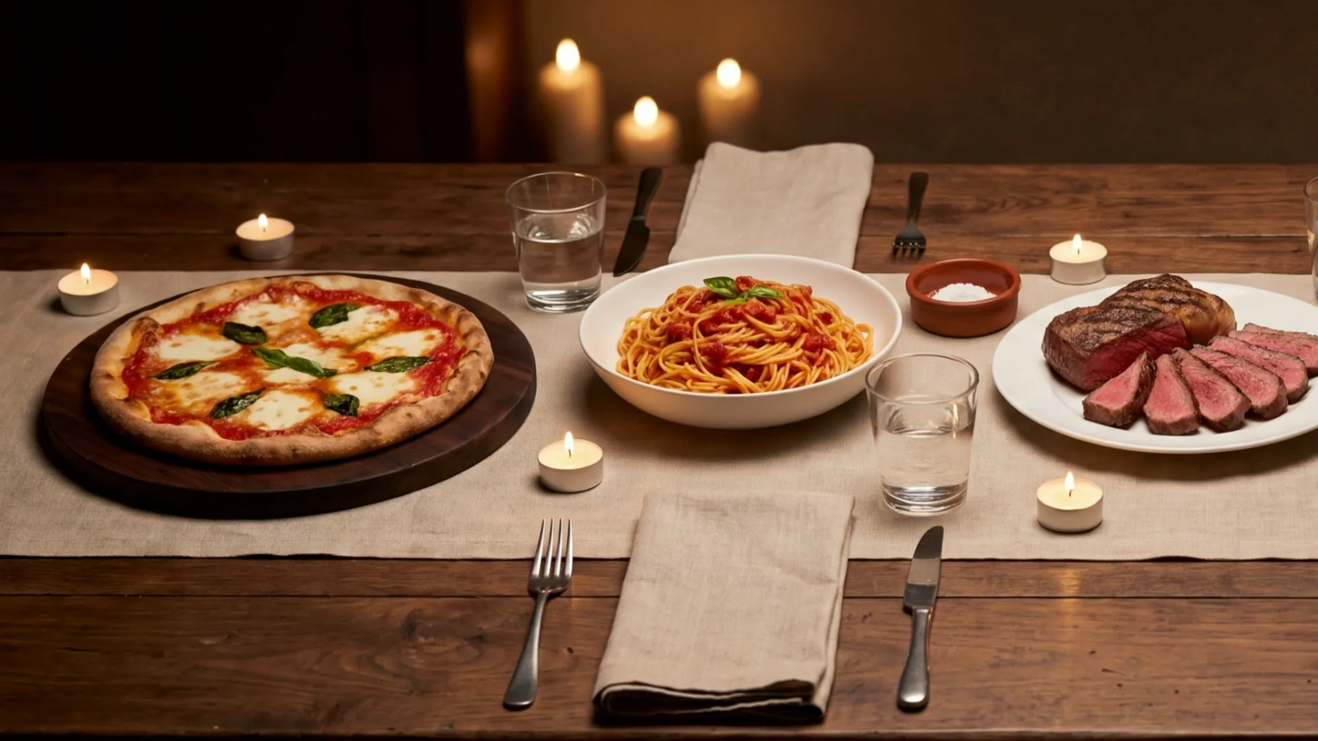 Langer gedeckter Holztisch am Abend mit Pizza, Pasta, Fleisch, Fisch und Rotwein, illustratives Motiv