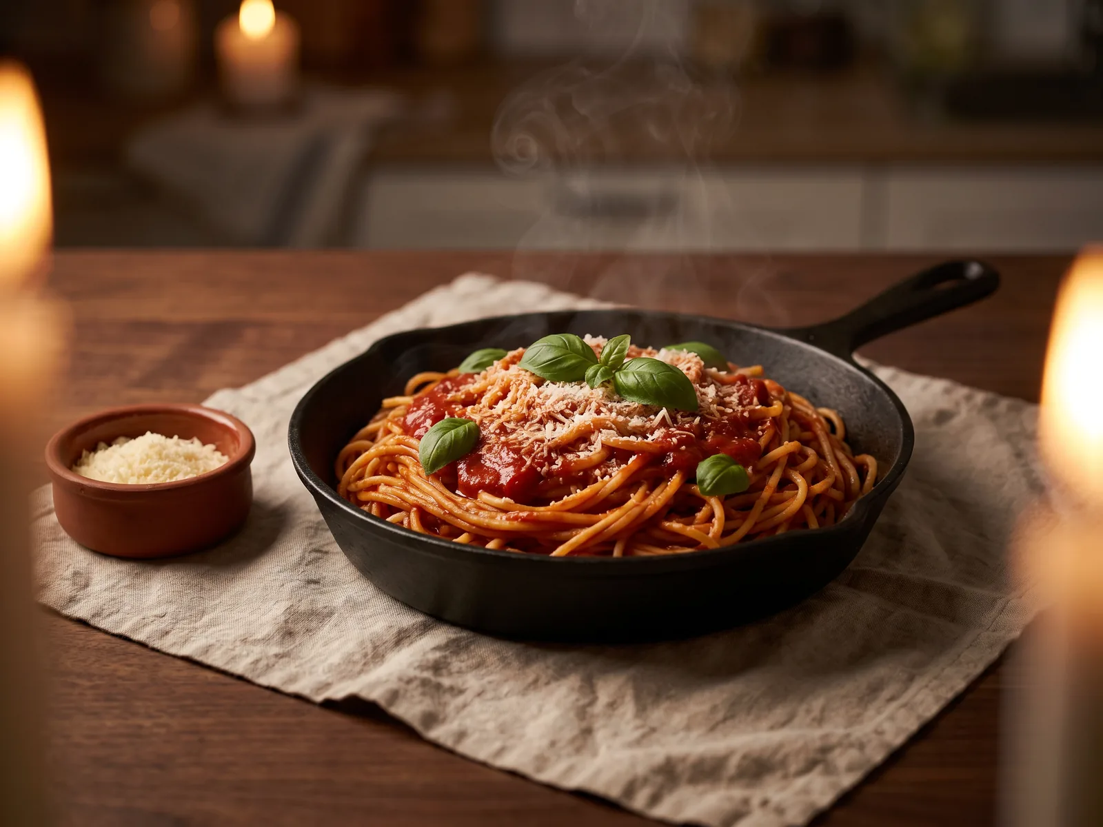 Pasta in der Pfanne mit Parmesan, illustratives Motiv
