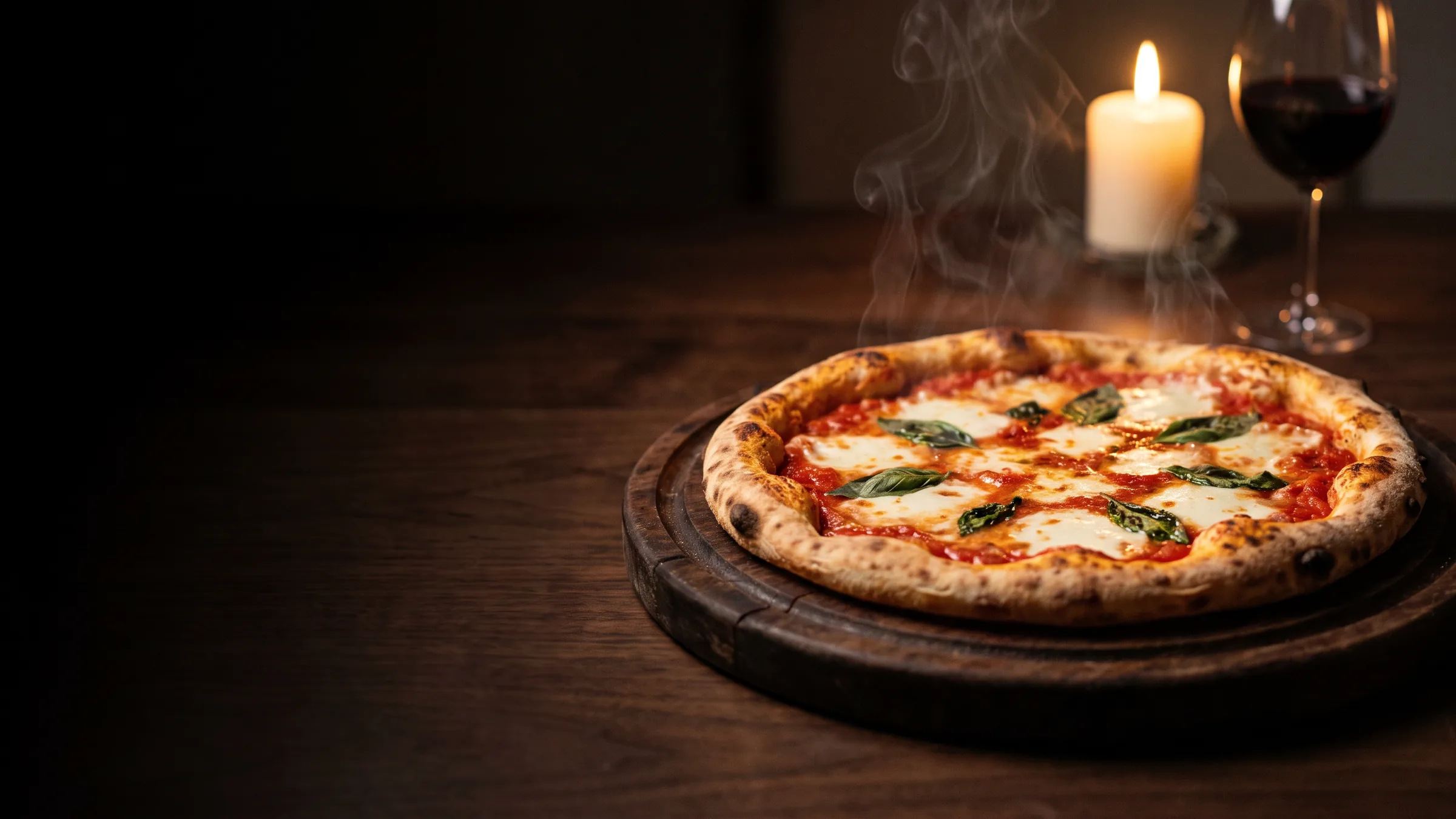 Pizza mit Tomate, Mozzarella und Basilikum auf dunklem Holzbrett, illustratives Motiv