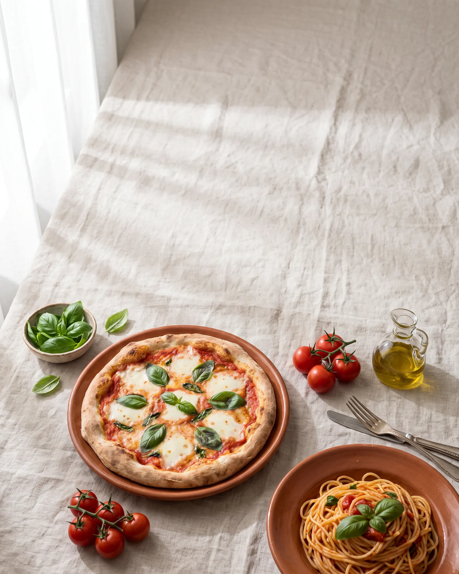 Pizza und Pasta auf hellem Leinen im Tageslicht, illustratives Motiv