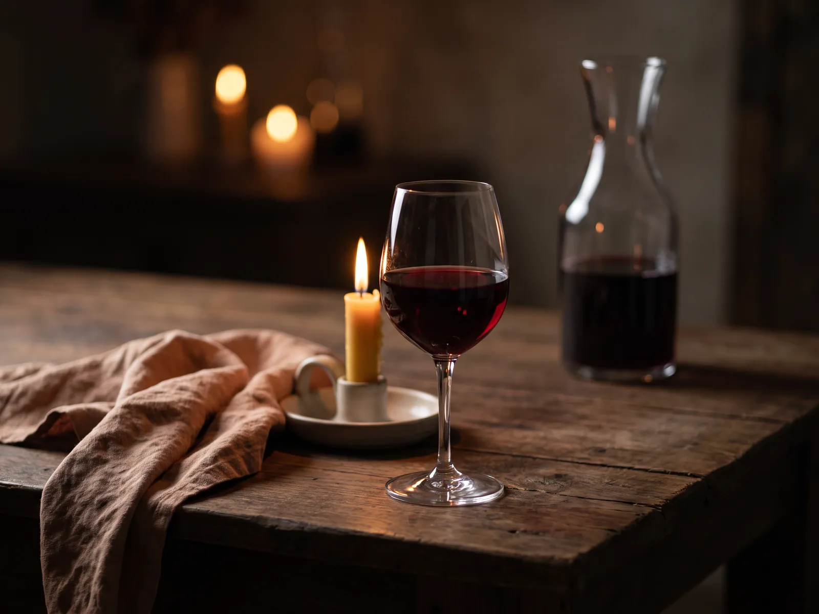Rotwein im Glas bei Kerzenlicht, illustratives Motiv